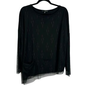 Kozan Asymmetrical Mesh Overlay Long Sleeve Oversized Blouse Top Medium Black